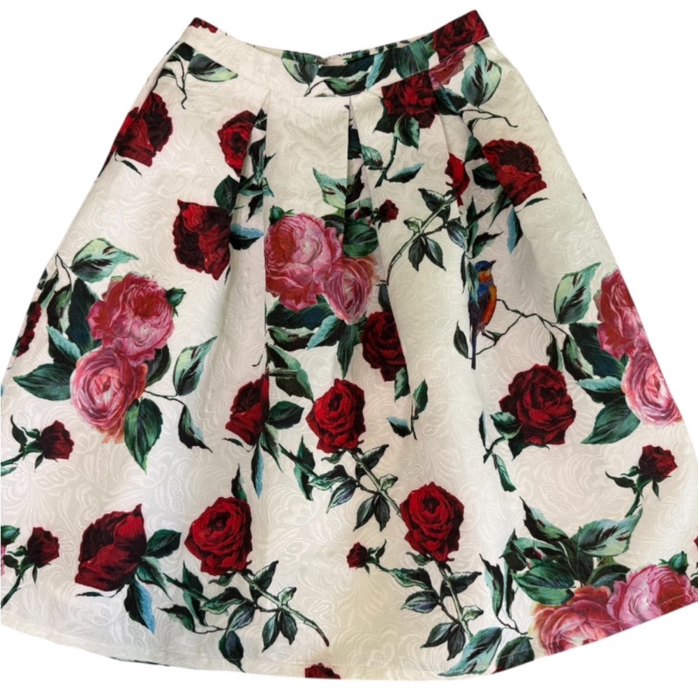 Vintage Inspired Floral Midi Skirt Women’s XS Roses Bird Print Brocade Tapestry